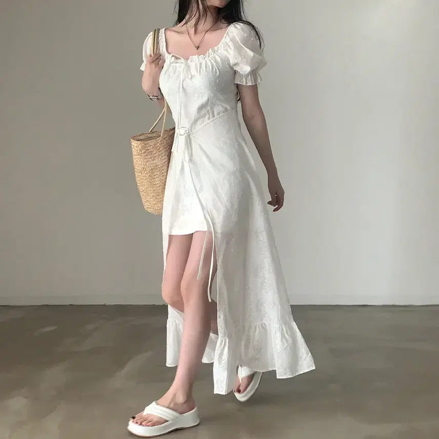 [BUNJANG] Cream Cheese Market Flower Asymmetrical Long Short-Sleeve Dress / 크림치즈마켓 플라워 언발 롱 반팔 원피스 휴양지