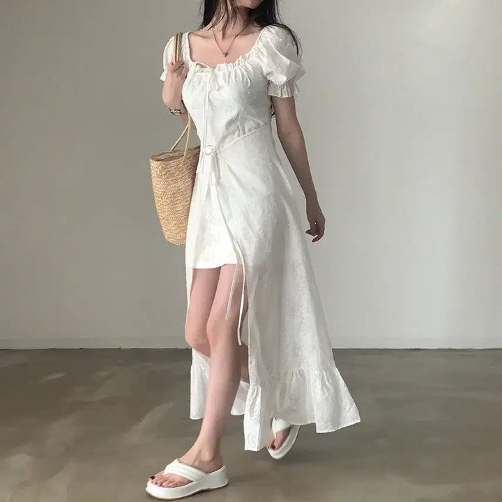 [BUNJANG] Cream Cheese Market Flower Asymmetrical Long Short-Sleeve Dress / 크림치즈마켓 플라워 언발 롱 반팔 원피스 휴양지