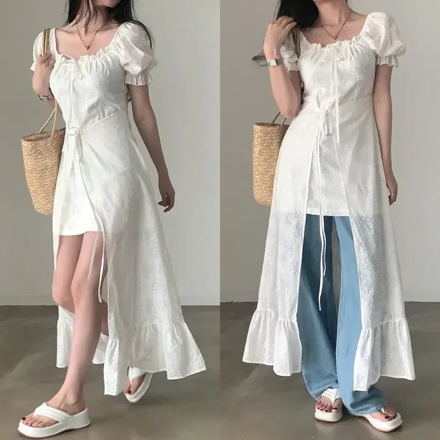 [BUNJANG] Cream Cheese Market Flower Asymmetrical Long Short-Sleeve Dress / 크림치즈마켓 플라워 언발 롱 반팔 원피스 휴양지