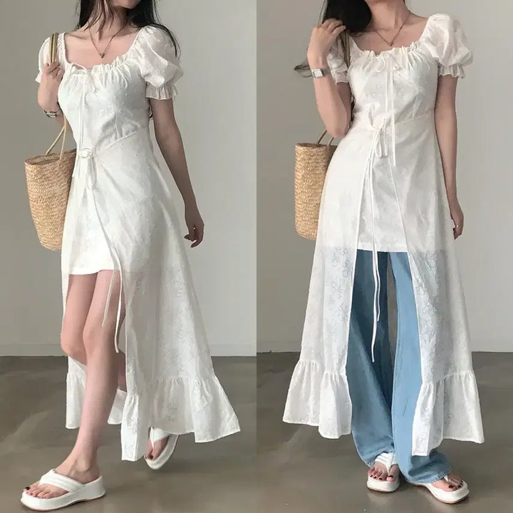 [BUNJANG] Cream Cheese Market Flower Asymmetrical Long Short-Sleeve Dress / 크림치즈마켓 플라워 언발 롱 반팔 원피스 휴양지