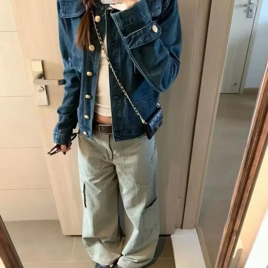 [BUNJANG] Denim Jacket + Cargo Wide Pants Set / 데님 자켓 + 카고 와이드 팬츠