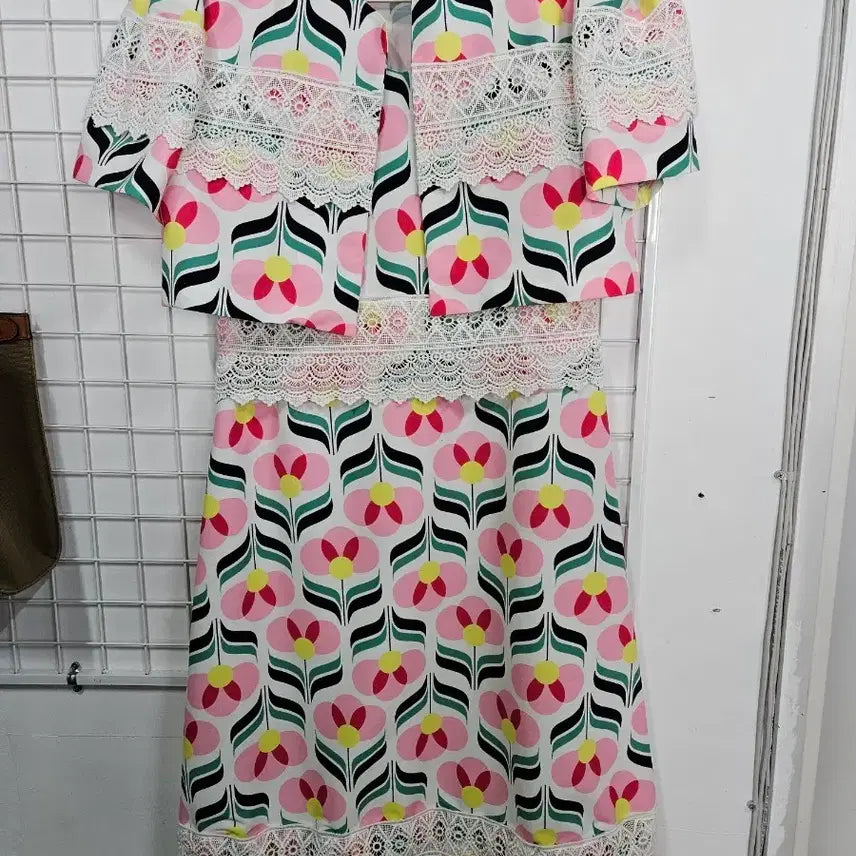 [BUNJANG] Floral Pattern Lace Jacket Long Dress Set / 플라워 패턴 레이스 자켓 롱 원피스 세트