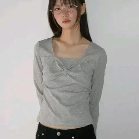 [BUNJANG] Ronron Ribbon Square Neck Long Sleeve Grey / 론론 리본 스퀘어 넥 롱 슬리브 그레이