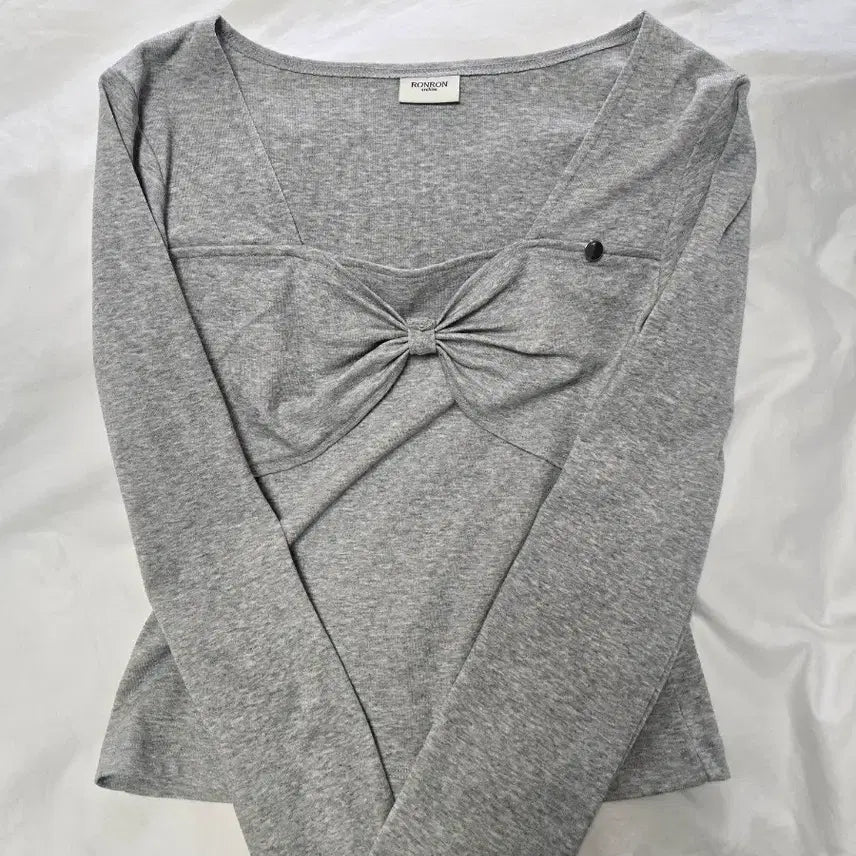 [BUNJANG] Ronron Ribbon Square Neck Long Sleeve Grey / 론론 리본 스퀘어 넥 롱 슬리브 그레이