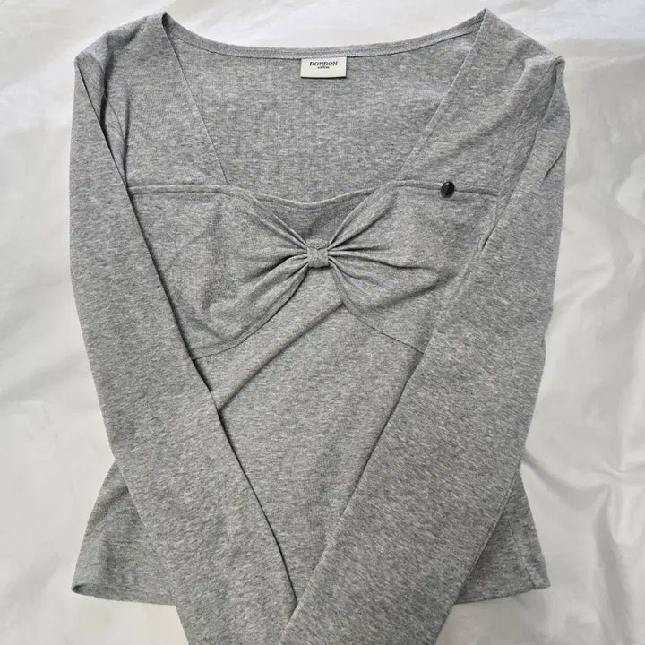 [BUNJANG] Ronron Ribbon Square Neck Long Sleeve Grey / 론론 리본 스퀘어 넥 롱 슬리브 그레이