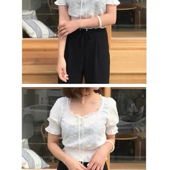[BUNJANG] Habibi Lace Summer Cropped Short Sleeve Blouse / 하비비 레이스 여름 옷 상의 크롭 반팔 반팔티 블라우스 지그재그 에이블리