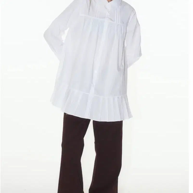 [BUNJANG] Place Studio White Frill Long Shirt Blouse / 플레이스스튜디오 화이트 프릴 롱 셔츠 블라우스