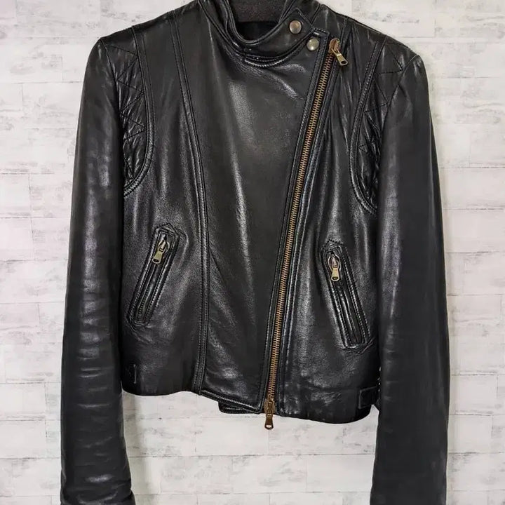 [BUNJANG] Donna Karan Lamb Leather High Neck Asymmetric Zip Jacket / donna karan leather jacket