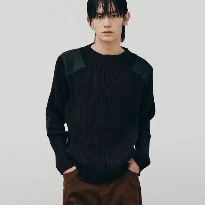 [BUNJANG] Noir Cotton Damage Combat Knit Black 50 / 노이어 코튼 데미지 컴뱃 니트 블랙 50
