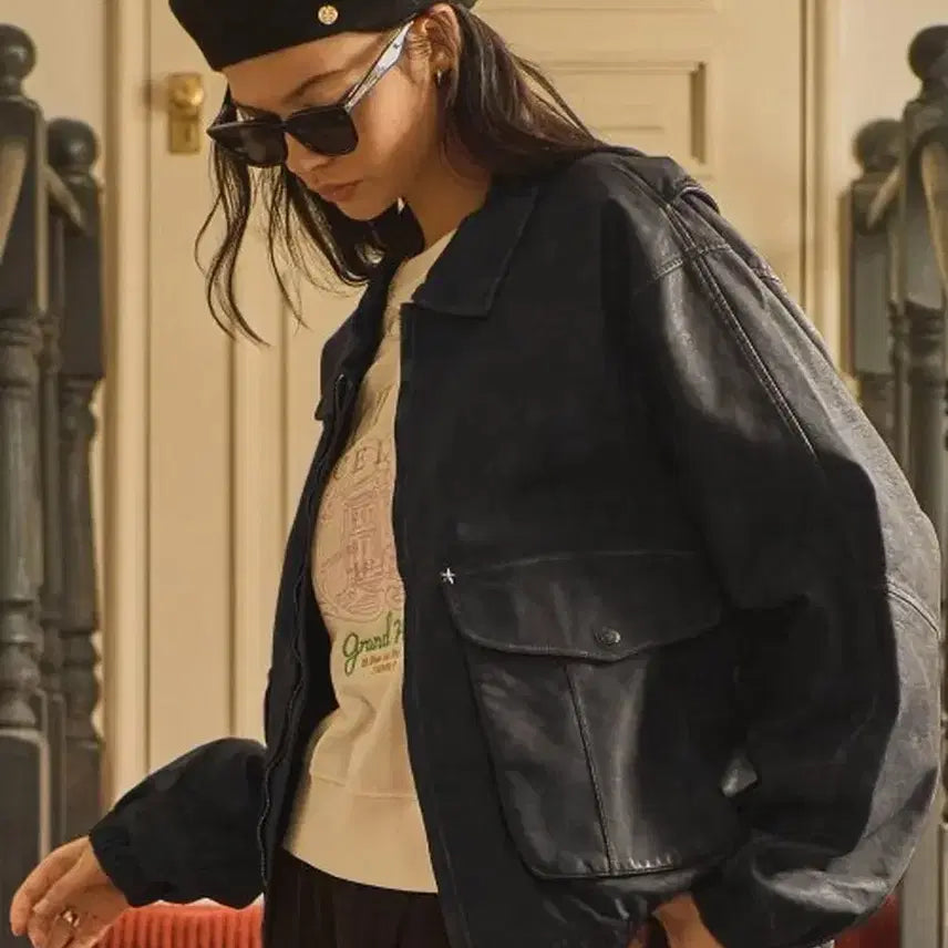 [BUNJANG] Star Leather Jacket (Washed, Oversized Fit) - Black / 스타 레더 자켓(워시드)(오버핏)-블랙