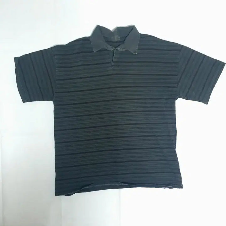[BUNJANG] Striped Charcoal Polo Shirt / 줄무늬 반팔 카라 티셔츠 차콜