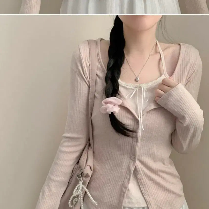 [BUNJANG] Halterneck Cardigan Set - Pink / 홀터넥 가디건세트