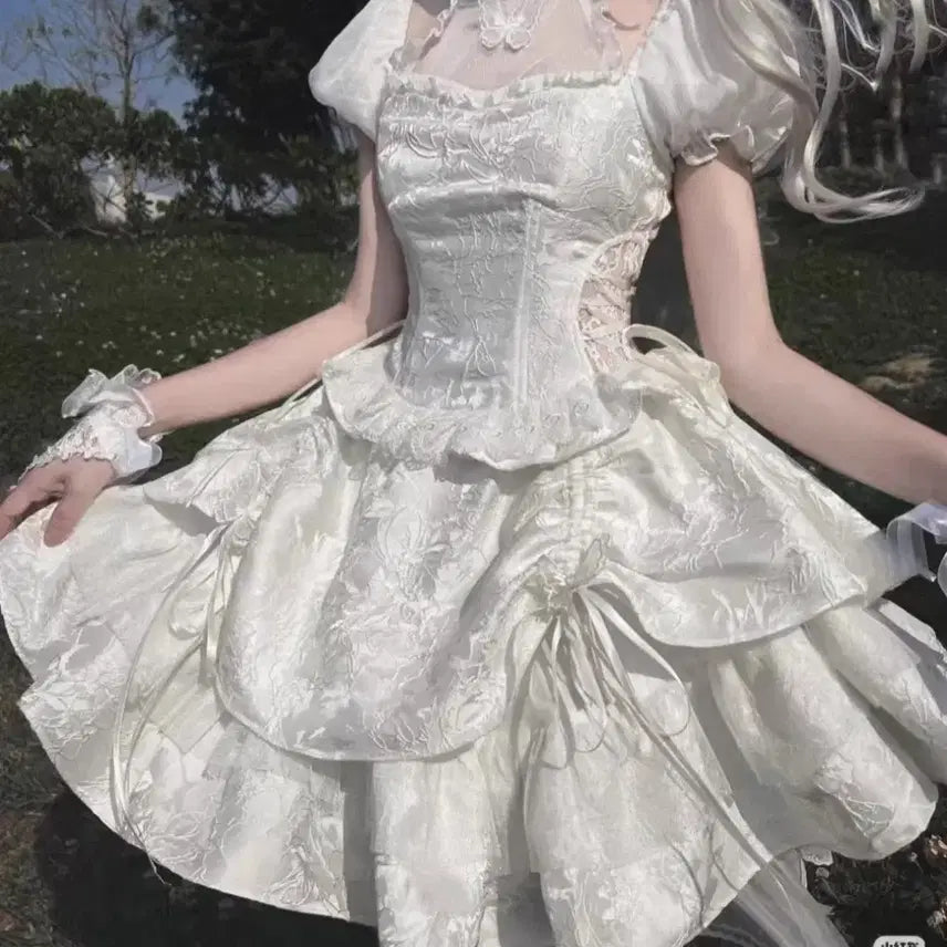 [BUNJANG] Lolita White Lace Corset Mini Dress / 로리타 양복 화이트 레이스 코르셋 스타일 미니 원피스