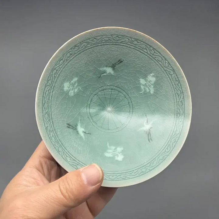 [BUNJANG] Gicheon Park Sae-ki Celadon Inlaid Crane and Cloud Pattern Tea Bowl / 도자기 인간국보 기천 박세기 청자 상감 운학문 다완