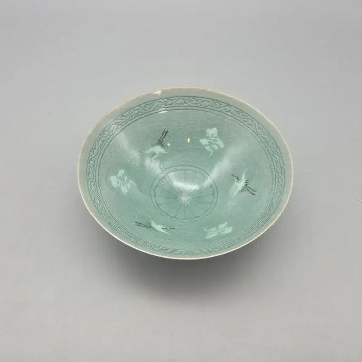 [BUNJANG] Gicheon Park Sae-ki Celadon Inlaid Crane and Cloud Pattern Tea Bowl / 도자기 인간국보 기천 박세기 청자 상감 운학문 다완