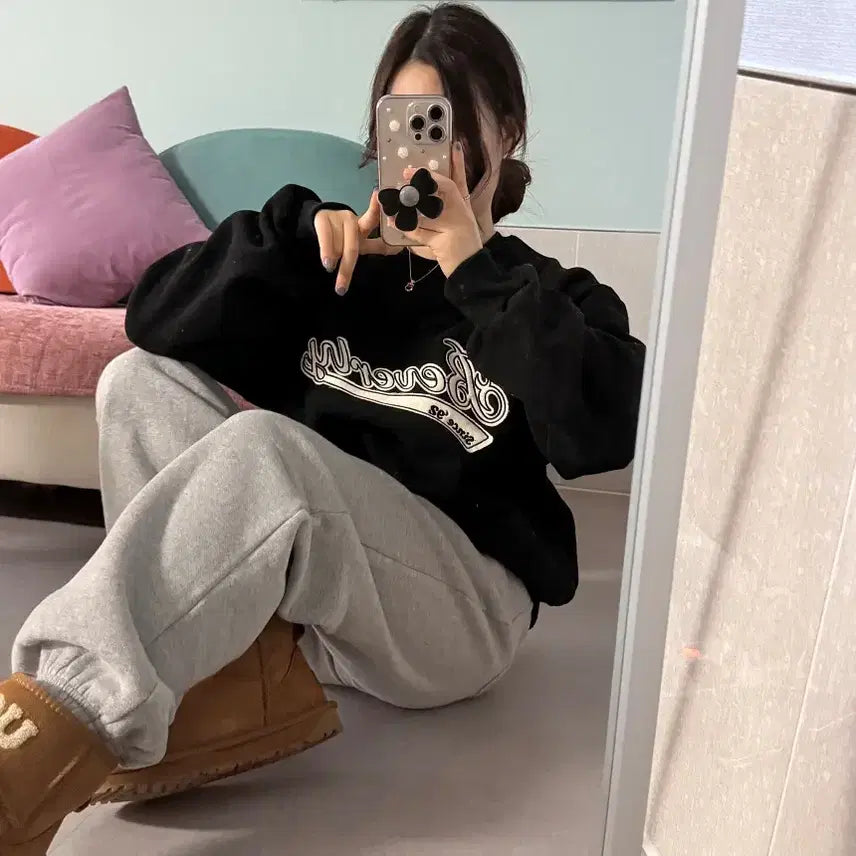 [BUNJANG] Ablie Winter Lettering Patch Fleece Sweatshirt / 겨울 레터링 패치 양기모 기모 맨투맨 맨투맨티 에이블리 지그재그 개강룩