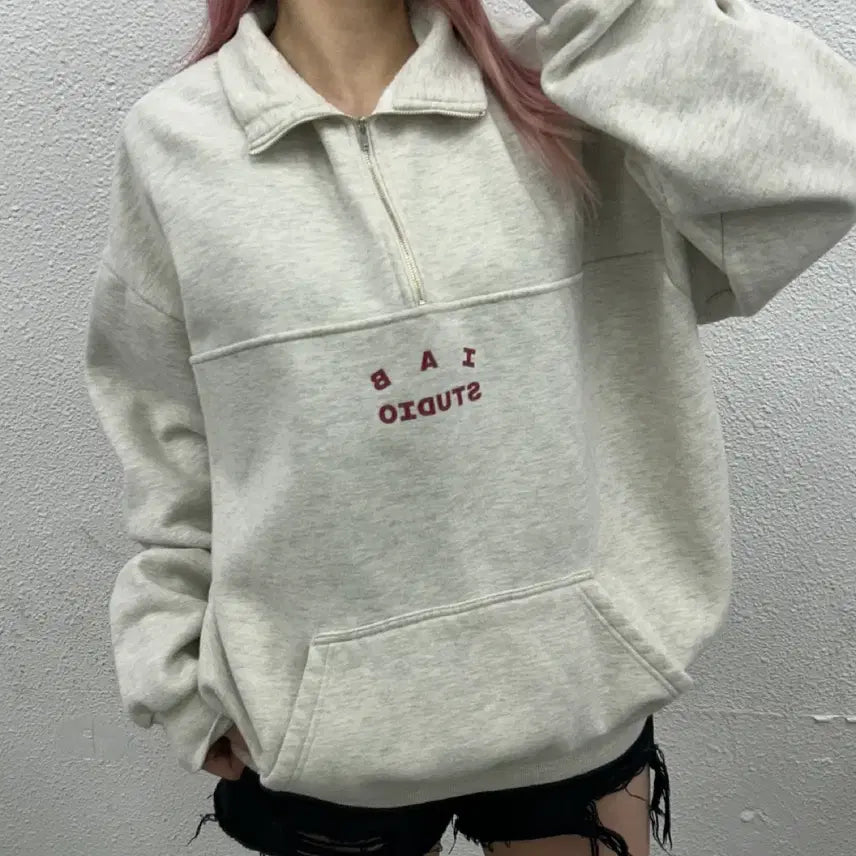 [BUNJANG] IAPP Studio Red Logo Half-Zip Sweatshirt XL / 아이앱스튜디오 레드 로고 백멜란지 반집업 XL