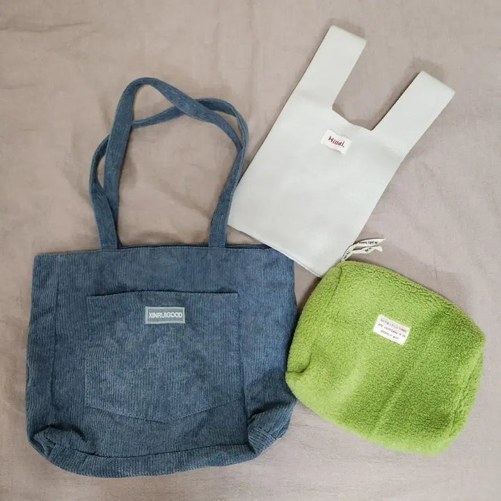 [BUNJANG] Corduroy Shoulder Bag Bundle Set / <일괄>코듀로이 숄더백 / 흰색 에코백 / 파우치