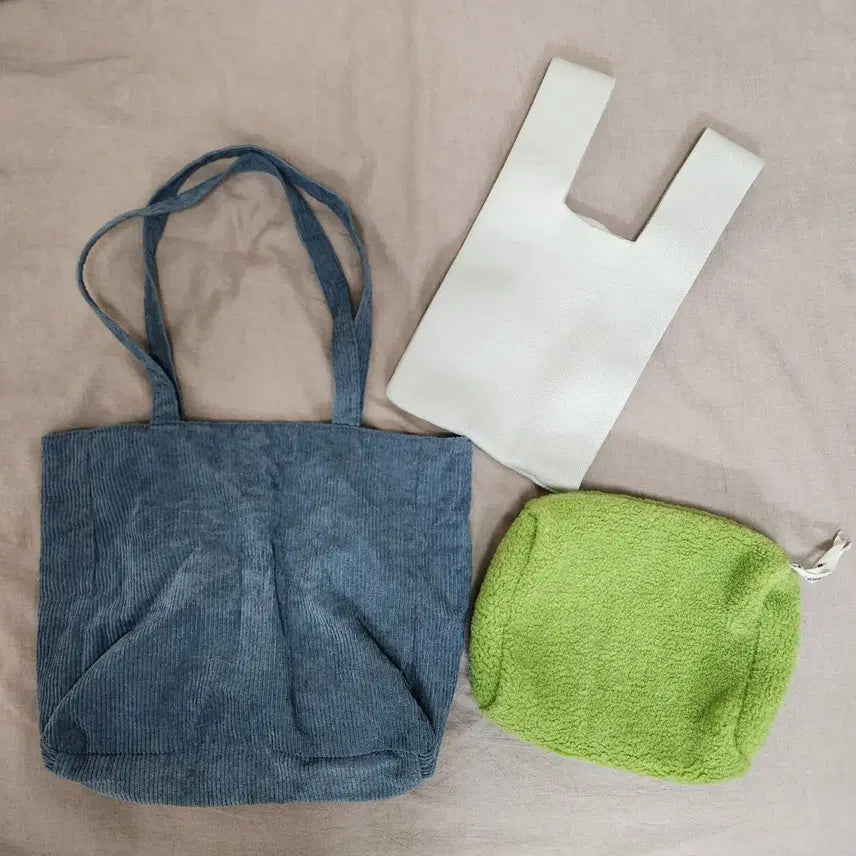 [BUNJANG] Corduroy Shoulder Bag Bundle Set / <일괄>코듀로이 숄더백 / 흰색 에코백 / 파우치