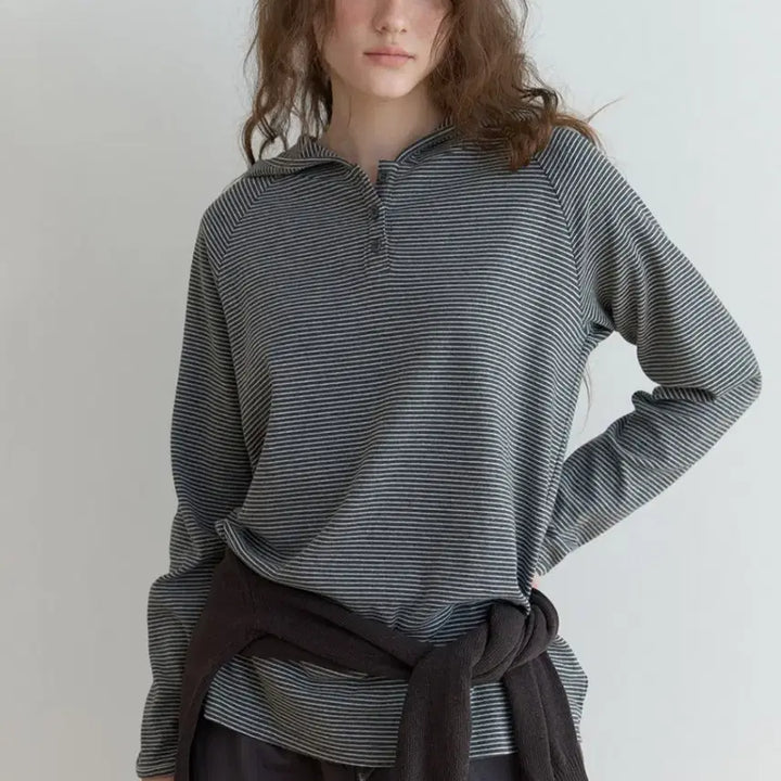 [BUNJANG] TheMitton Stripe Hoodie T-shirt (Dark Gray) / 더미튼 스트라이프 후디 티셔츠 (다크그레이)