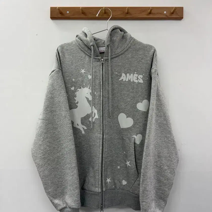 [BUNJANG] AMES Grey Unicorn Hoodie Zip-up / AMES 아메스 회색 유니콘 후드집업