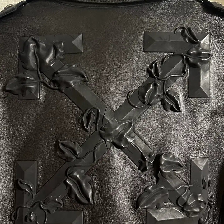 [BUNJANG] Off-White Leather Biker Jacket / 오프화이트 가죽 블랙 레더 바이커 자켓