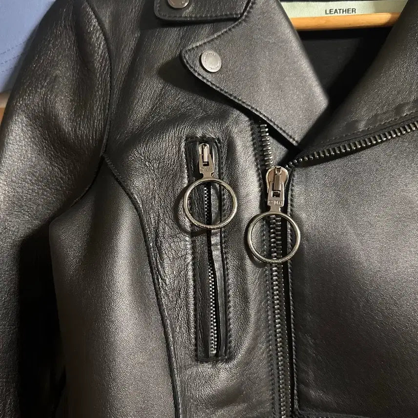 [BUNJANG] Off-White Leather Biker Jacket / 오프화이트 가죽 블랙 레더 바이커 자켓