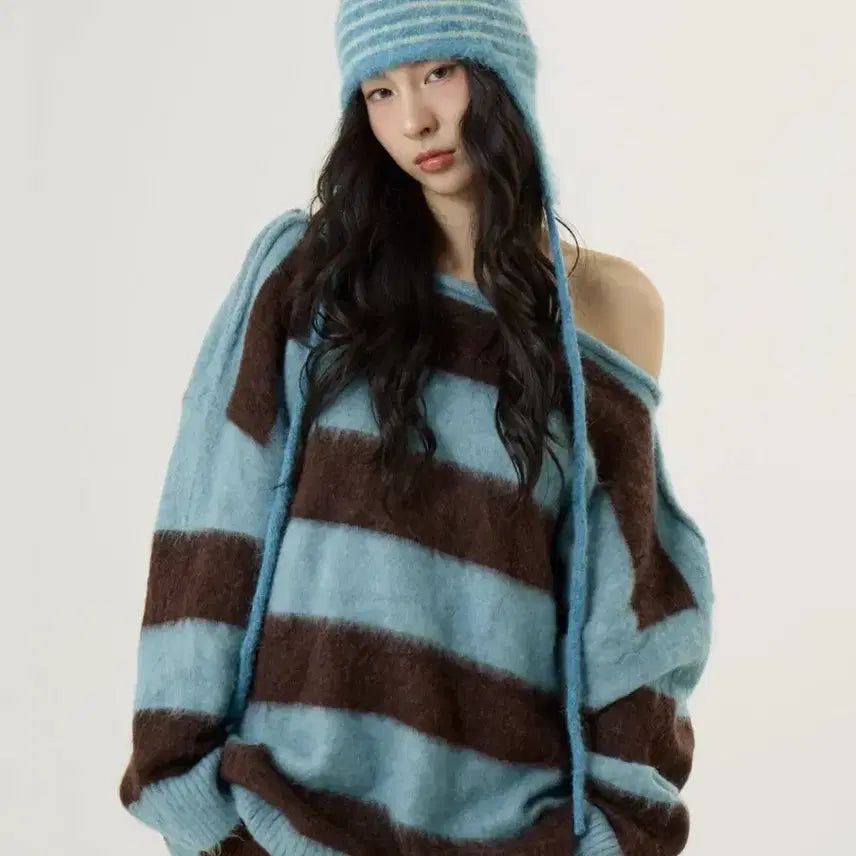 [BUNJANG] Unknown Planet Off-Shoulder Mohair Striped Knit (Blue-Brown) / 언노운 플라넷) 오프 숄더 모헤어 스트라이프 니트 블루-브라운 판매