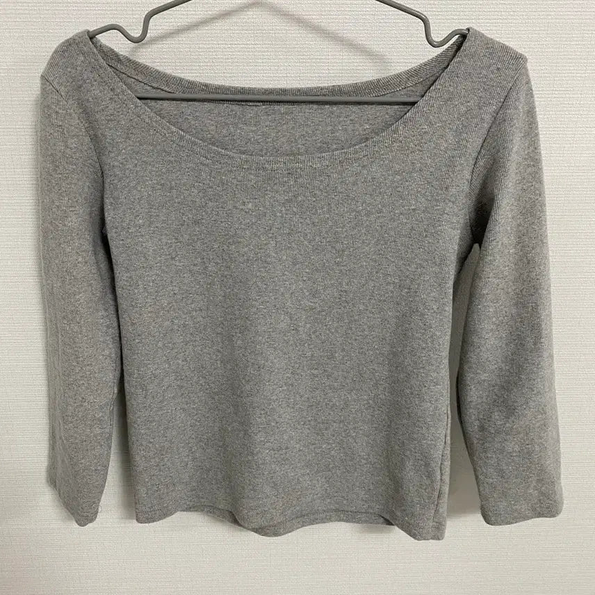 [BUNJANG] Basil Boat Neck 7-Part T-Shirt - Gray / 바질 골지 보트넥 7부 티셔츠 그레이