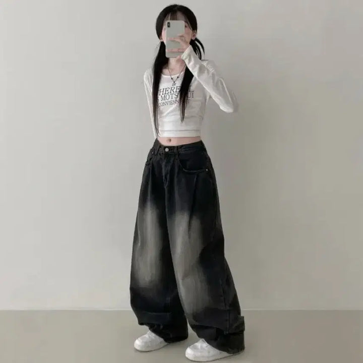 [BUNJANG] Daysee 핀턱 Vintage Wash Wide Denim Pants (Short M) / 데이시 핀턱 빈티지 워싱 와이드 데님 팬츠 (숏M)