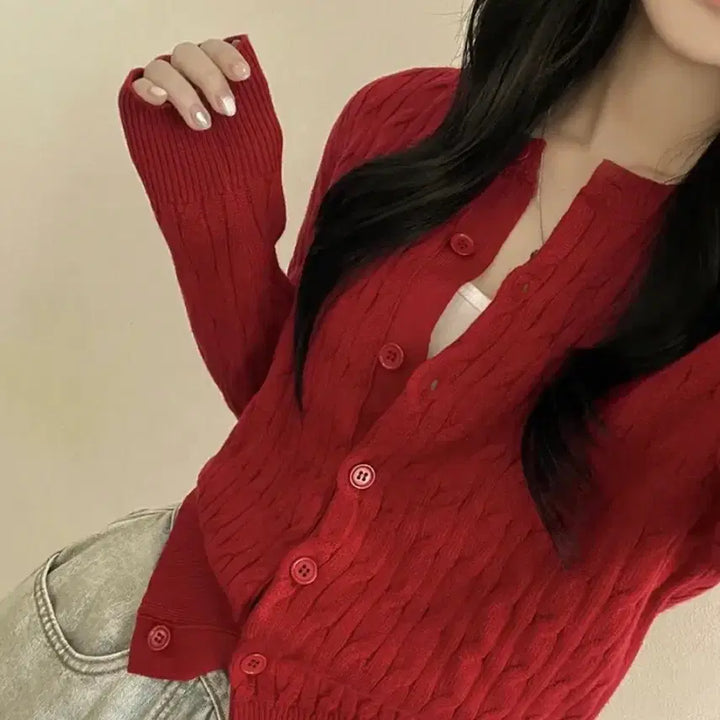 [BUNJANG] Basic Semi-Crop Cable Knit Cardigan / 꽈배기 라운드 케이블 기본 세미크롭 긴팔 봄가디건