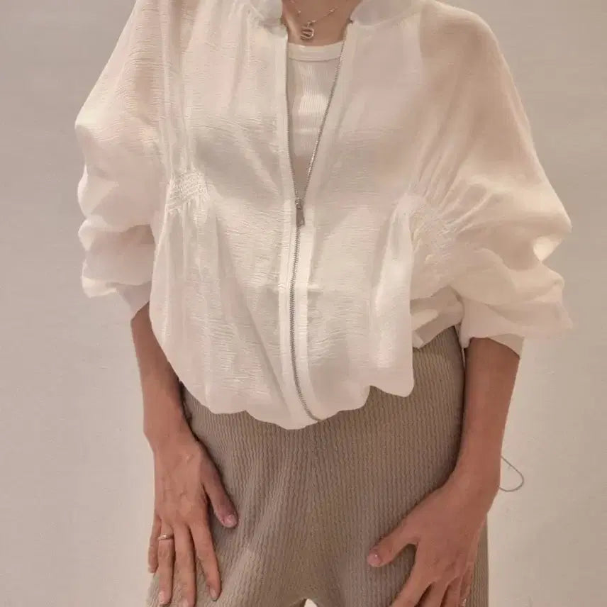 [SOLD OUT] 화이트 텐셀 시스루 점퍼 / 바람막이 크롭 집업 자켓 에어컨가디건