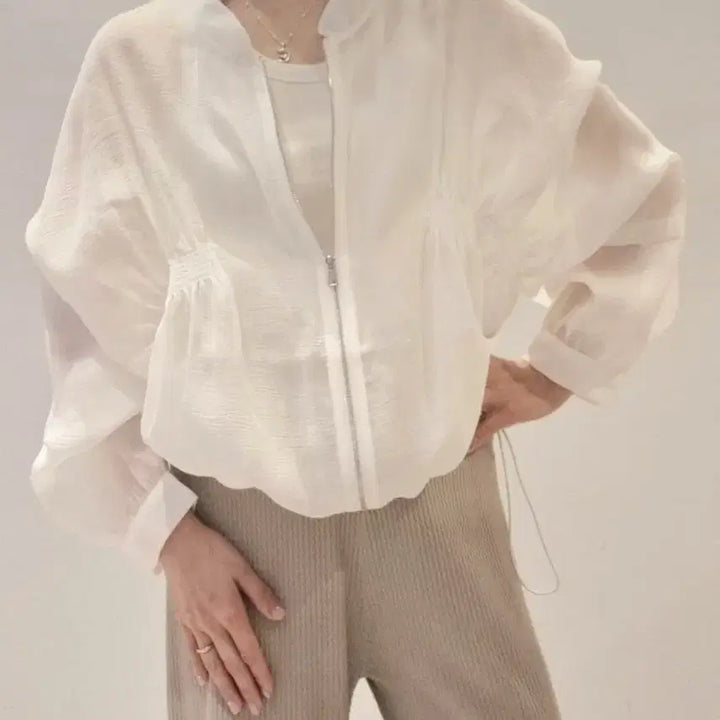 [SOLD OUT] 화이트 텐셀 시스루 점퍼 / 바람막이 크롭 집업 자켓 에어컨가디건