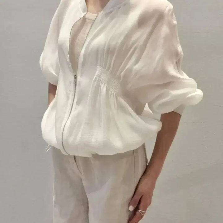 [SOLD OUT] 화이트 텐셀 시스루 점퍼 / 바람막이 크롭 집업 자켓 에어컨가디건