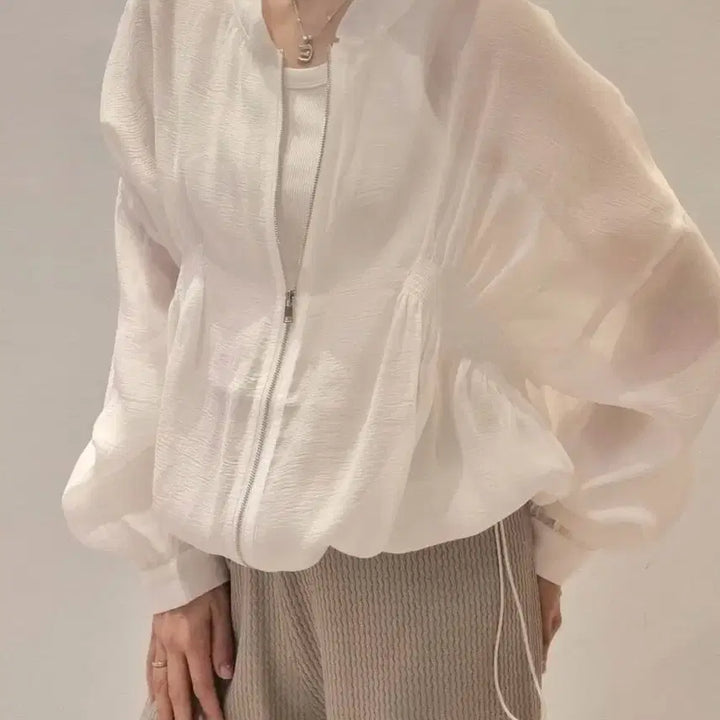 [SOLD OUT] 화이트 텐셀 시스루 점퍼 / 바람막이 크롭 집업 자켓 에어컨가디건