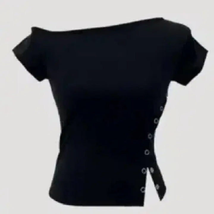 [BUNJANG] Asymmetrical Snap Button Slit Short Sleeve T-Shirt / 언발 오프 스냅 단추 슬릿 반팔 티셔츠