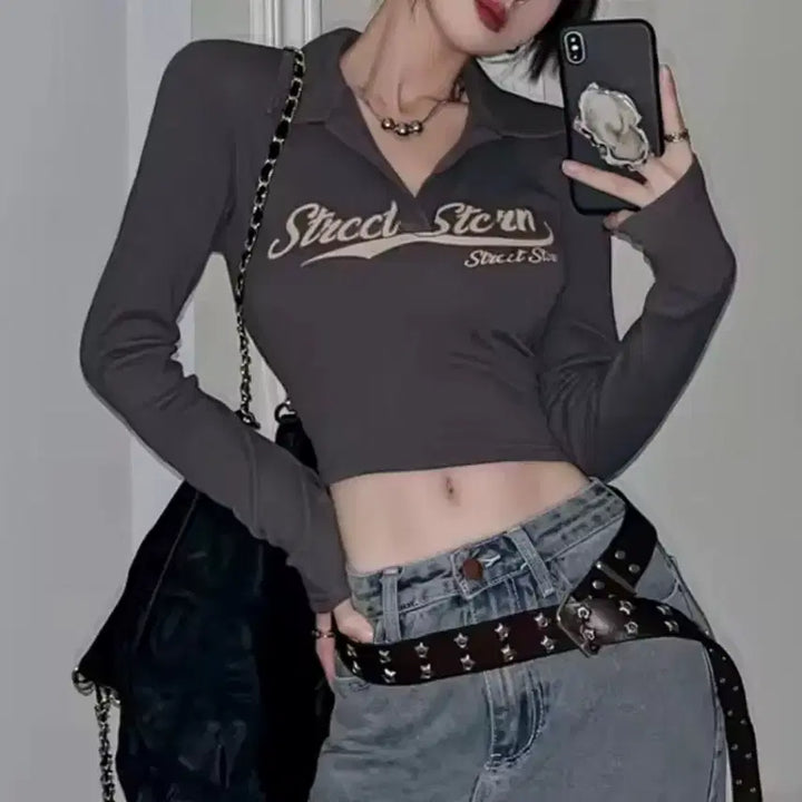 [BUNJANG] 그레이 긴팔 카라 크롭 티셔츠 새상품 / 그레이 긴팔 카라 크롭 티셔츠 새상품