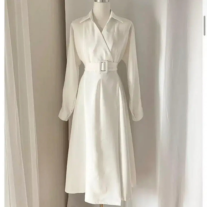 [BUNJANG] White Belted Long Shirt Dress / 화이트 벨트 셔츠 롱 원피스