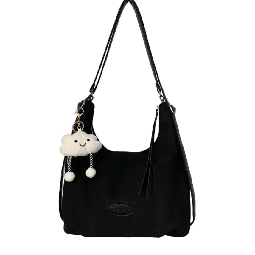[BUNJANG] Black Suede Hobo Bag with Cloud Keyring / 블랙 스웨이드 호보백 + 구름 키링