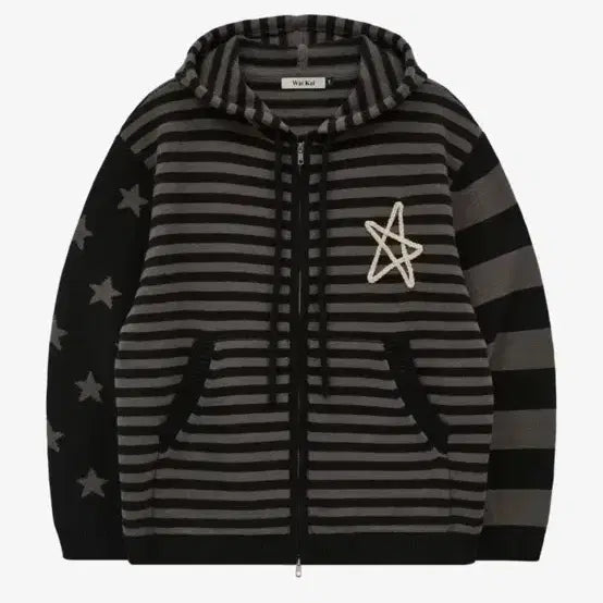 [SOLD OUT] 와이케이 스트라이프 스타 후드 니트 집업 블랙