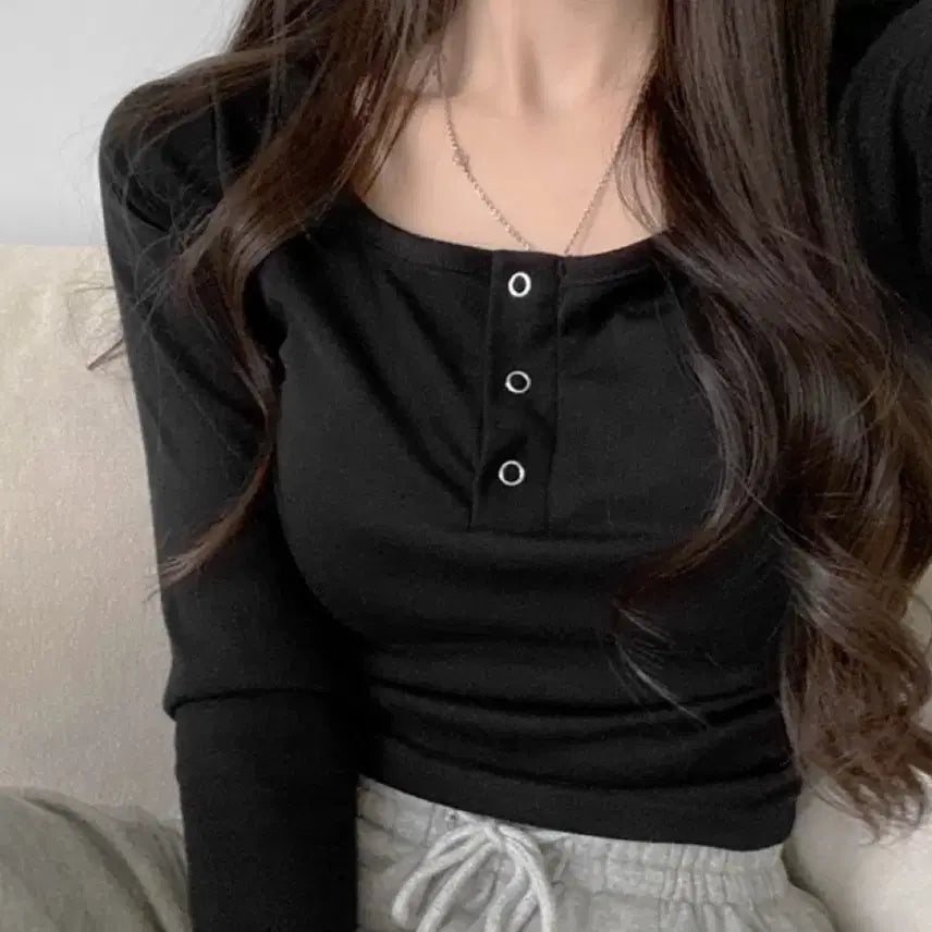 [BUNJANG] Black Semi-Crop Long Sleeve T-Shirt / 세미크롭긴팔티