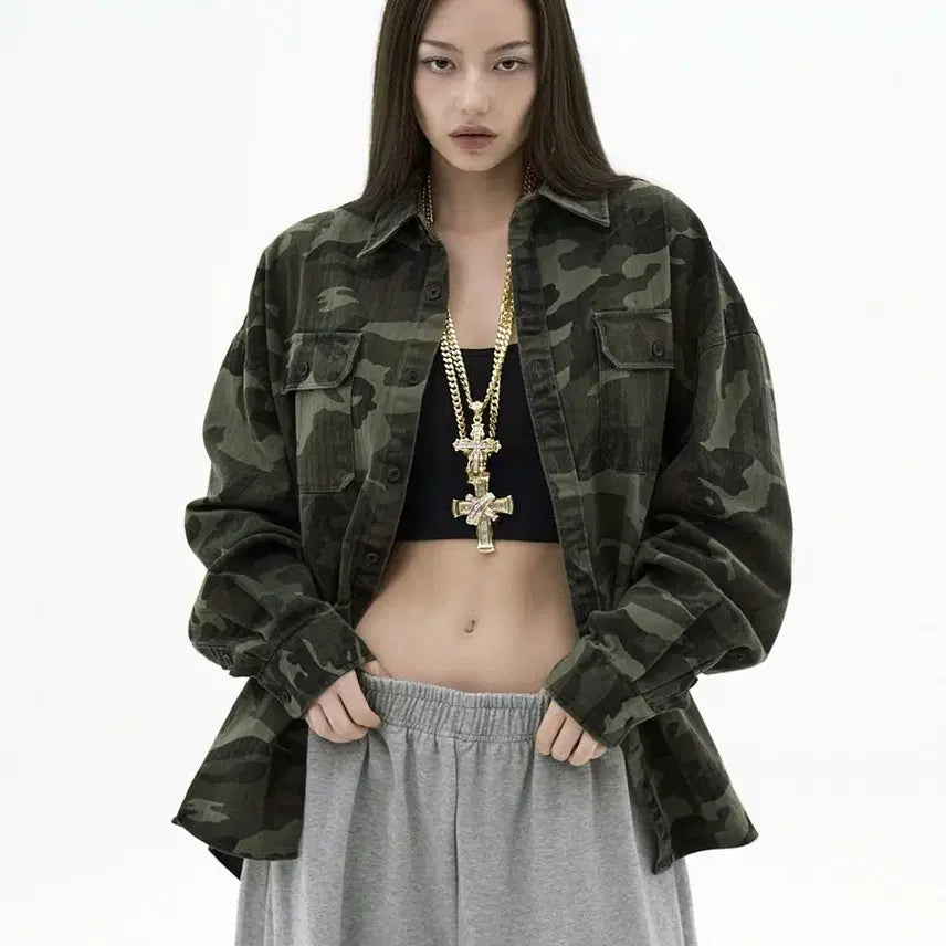 [BUNJANG] Takeasy Giant Fit Camo Shacket Jacket (Camo Khaki, L) / 테이크이지 자이언트핏 카모 셔켓 자켓 카모 카키 L