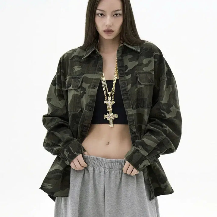 [BUNJANG] Takeasy Giant Fit Camo Shacket Jacket (Camo Khaki, L) / 테이크이지 자이언트핏 카모 셔켓 자켓 카모 카키 L