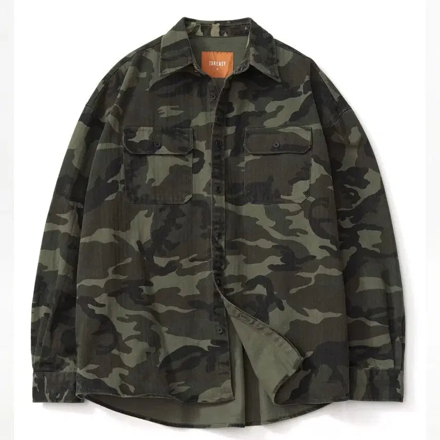 [BUNJANG] Takeasy Giant Fit Camo Shacket Jacket (Camo Khaki, L) / 테이크이지 자이언트핏 카모 셔켓 자켓 카모 카키 L