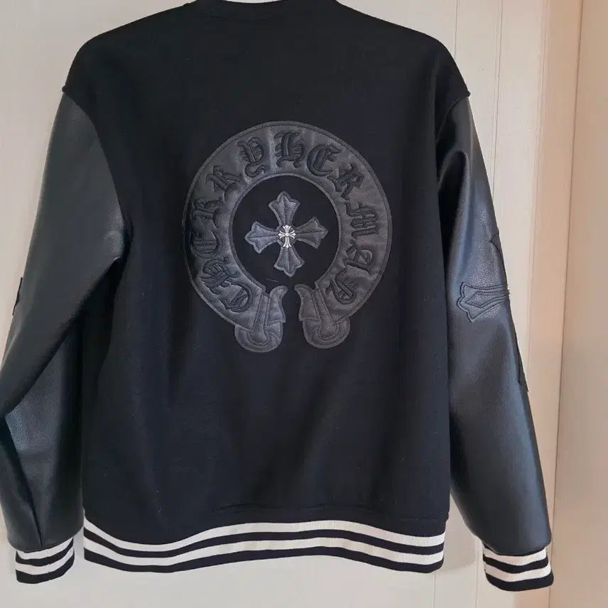 [BUNJANG] Chrome Style Black Leather Sleeve Stadium Jacket / 크롬st 블랙 레더 소매 스타디움 자켓 바시티