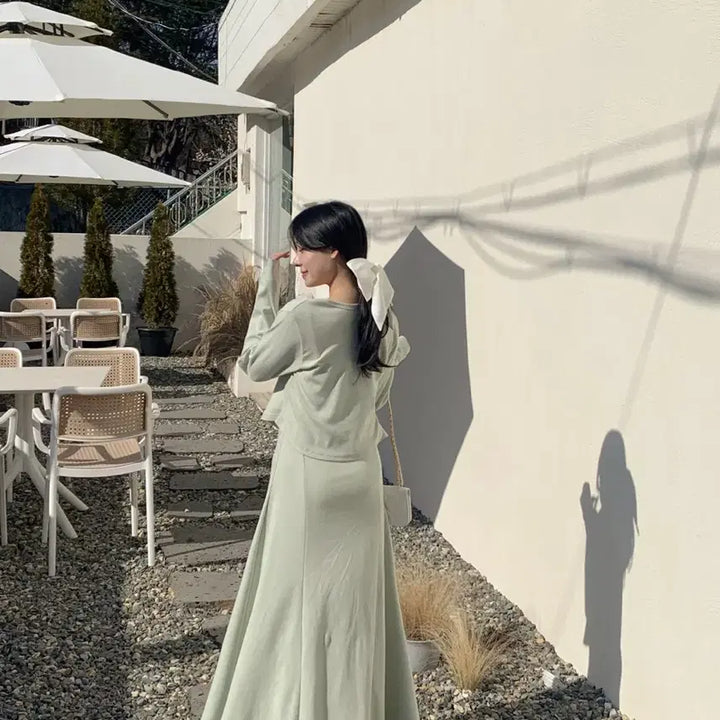 [BUNJANG] Flatper Daisy Drape Shirring Long Dress + Cardigan Set / (새상품)플랫퍼 데이지 드레이프 셔링 롱원피스+가디건 세트,민트