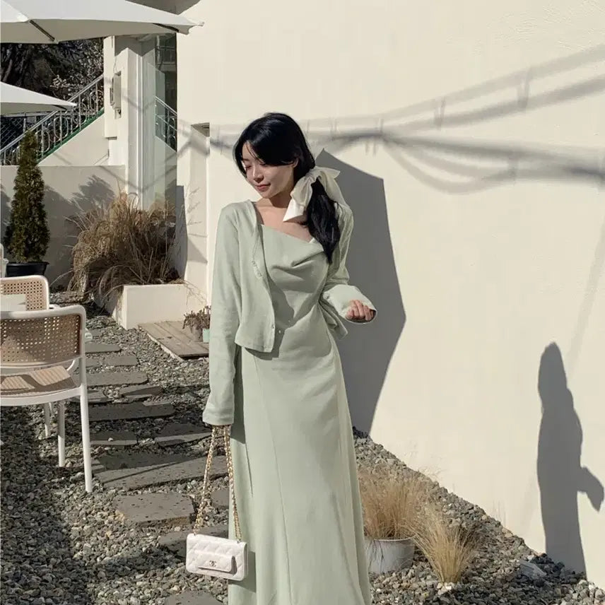 [BUNJANG] Flatper Daisy Drape Shirring Long Dress + Cardigan Set / (새상품)플랫퍼 데이지 드레이프 셔링 롱원피스+가디건 세트,민트