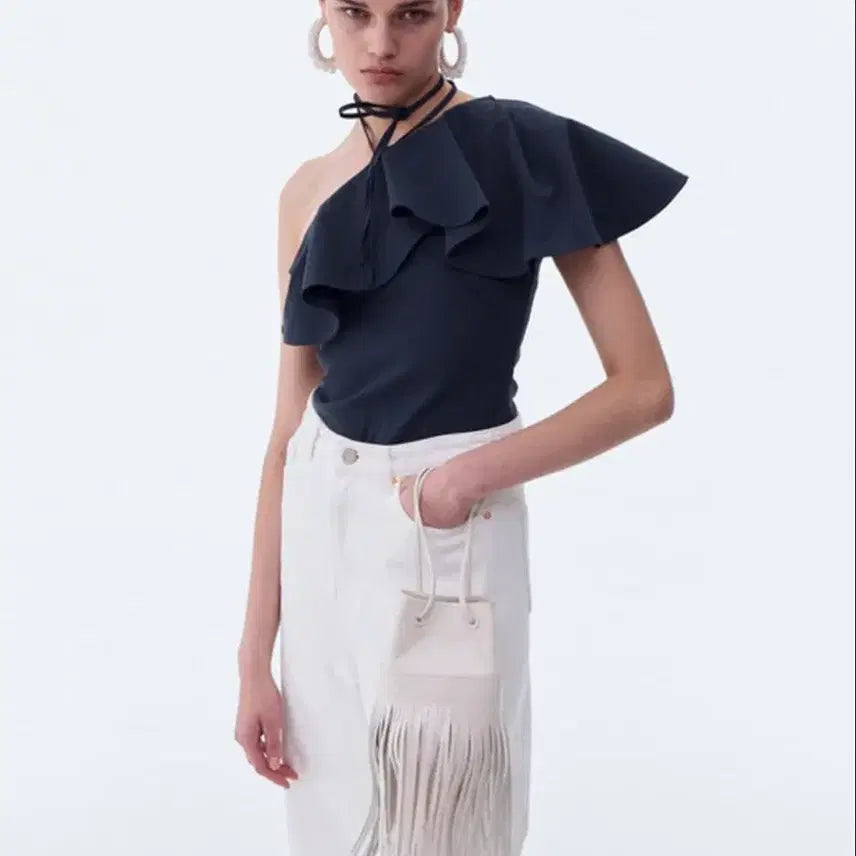 [BUNJANG] Recto One-Shoulder Blouse Top M Navy / 렉토 원숄더 블라우스탑