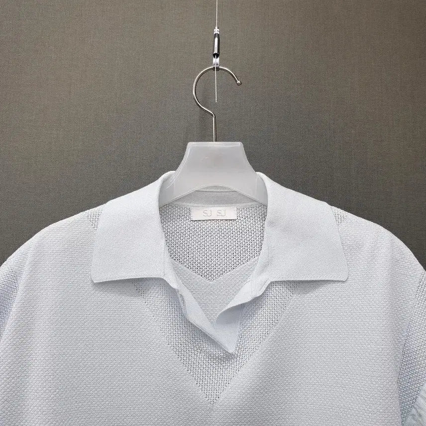 [BUNJANG] SJSJ Textured Block Johnny Collar Knit Top / 한섬 SJSJ 2024 텍스처 블록 조니 칼라 니트 F사이즈