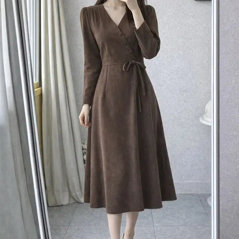 [BUNJANG] Yanssertin Brown Wrap Style Long Dress L / 얀써틴 브라운 랩스타일 원피스 L /롱원피스 허리끈/데이트룩 출근룩